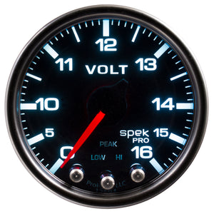 Autometer Spek-Pro Gauge Voltmeter 2 1/16in 16V Stepper Motor W/Peak & Warn Blk/Smoke/Blk