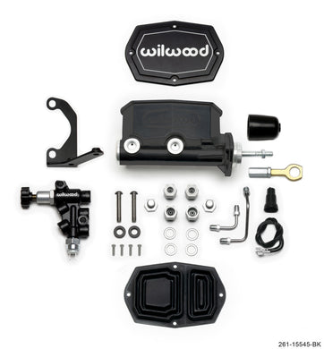 Wilwood Compact Tandem M/C - 1.12in Bore w/Bracket and Valve fits Mustang (Pushrod) - Black