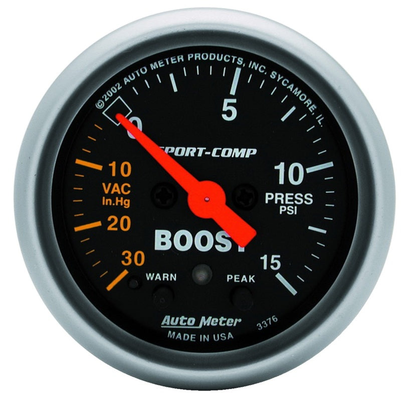 Autometer Sport-Comp 52mm Electronic  Full Sweep 30 In Hg.-Vac./15 PSI Boost Gauge